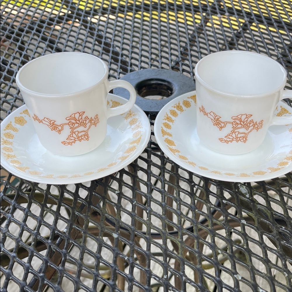 Pair Corningware White and Gold Japanese Cherry Blossom Cups and Saucers